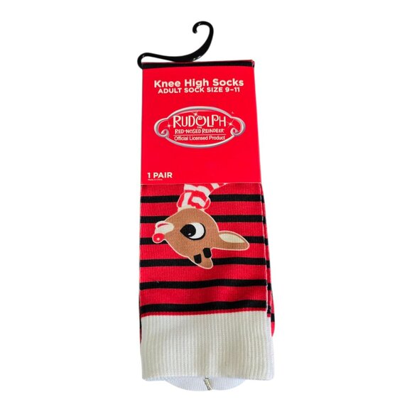 NEW Rudolph the Red Nosed Reindeer Knee High Socks Read & Black Adult Size 9-11 - Picture 1 of 3